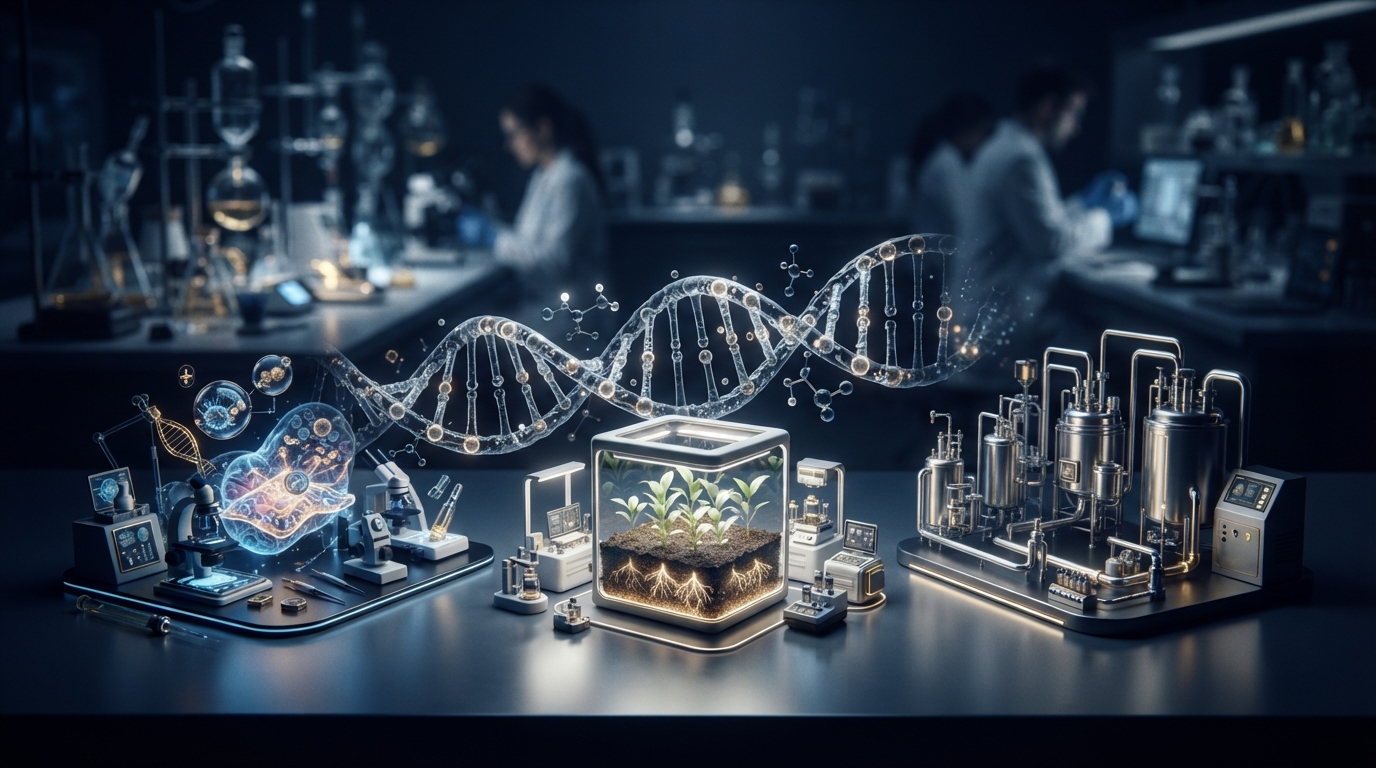 Editorial illustration for Synthetic Biology's New Frontiers: A Comparative Look at Healthcare, Agriculture, and Industrial Markets