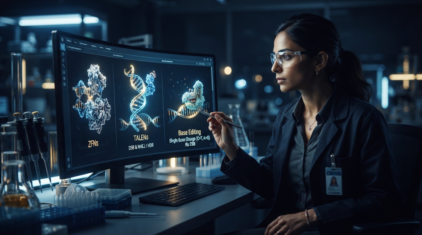 Editorial illustration for ZFNs, TALENs, or Base Editing: A Researcher's Guide to Choosing the Right Gene Editor